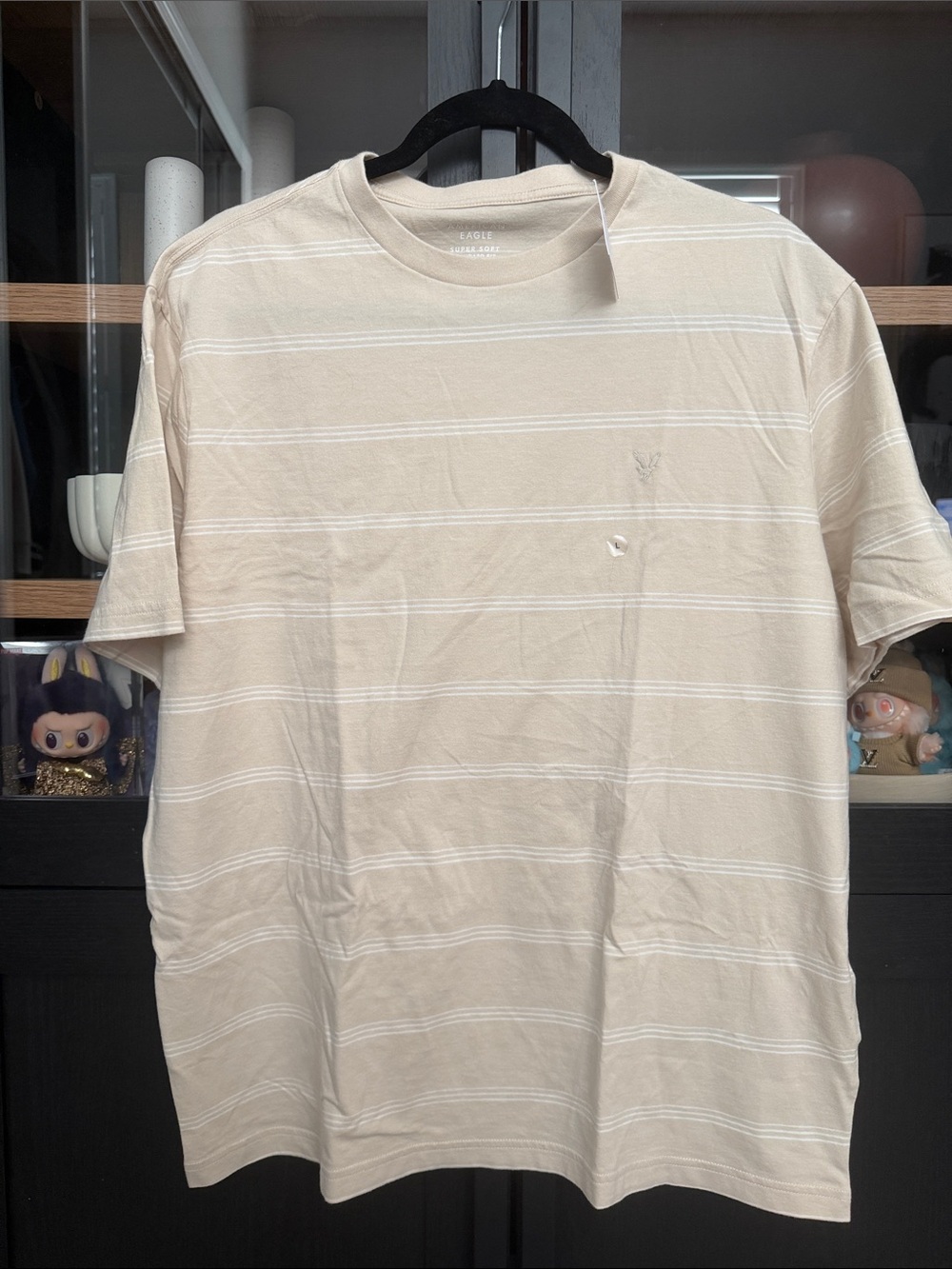 American Eagle Outfitters Beige and White Stripe Crew Neck T‑Shirt